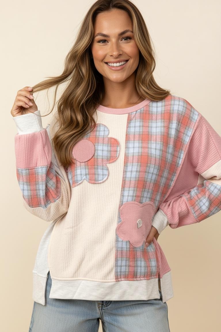 Plaid Flower Pullover