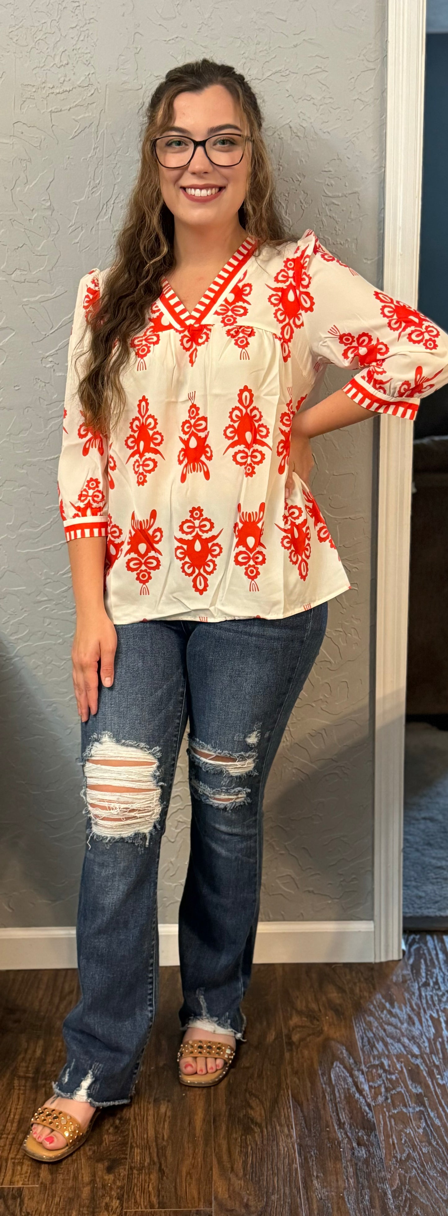 Orange 3/4 Sleeve V-Neck Blouse