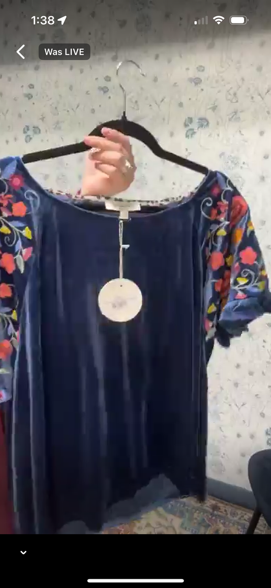 Blue Umgee Embroidered Velvet Top Plus